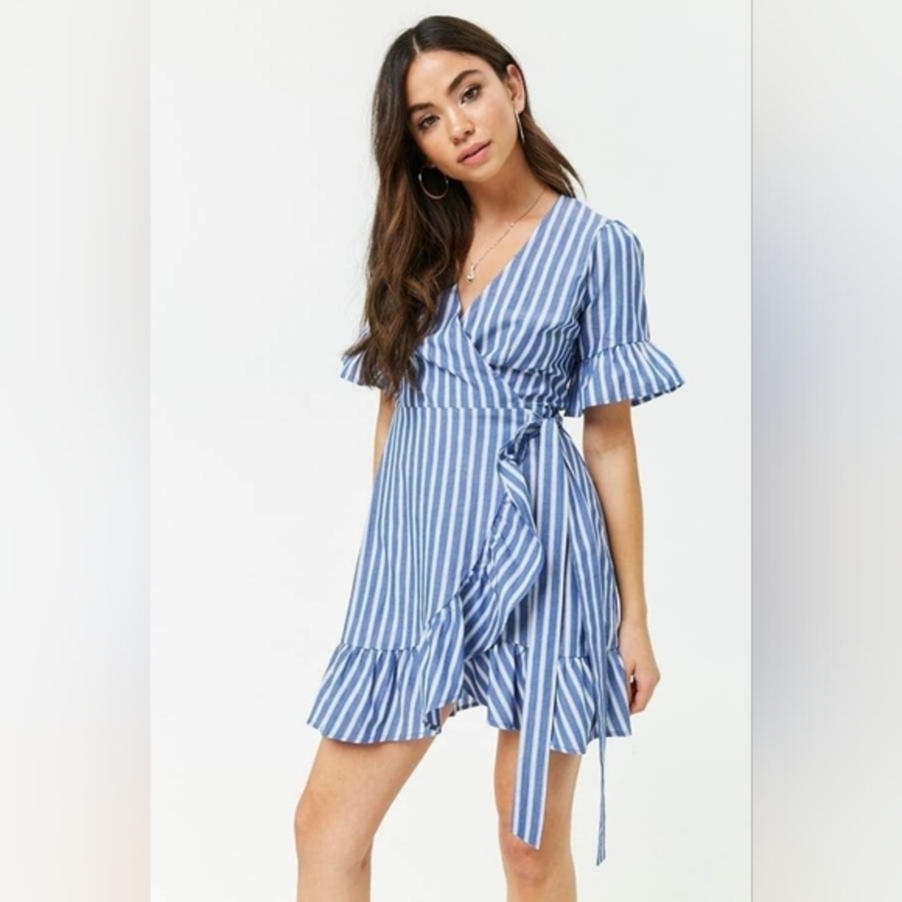 Blue and White Striped Wrap Dress